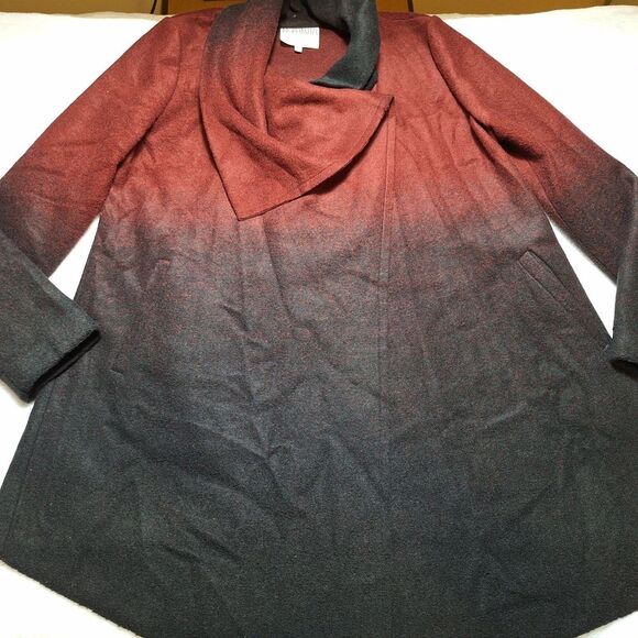BB DAKOTA Wool Blend Cape Coat Womens Sz L Red Black Ombre Open Lagenlook L/S - Picture 2 of 9